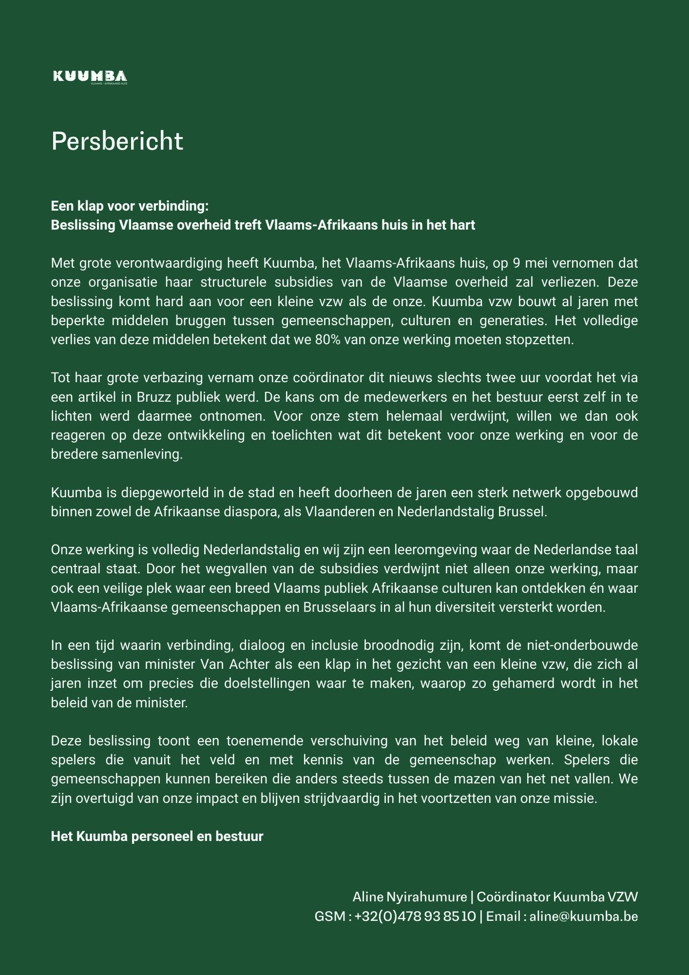 Persbericht: Beslissing Vlaamse overheid treft ons Persbericht: Beslissing Vlaamse overheid treft ons